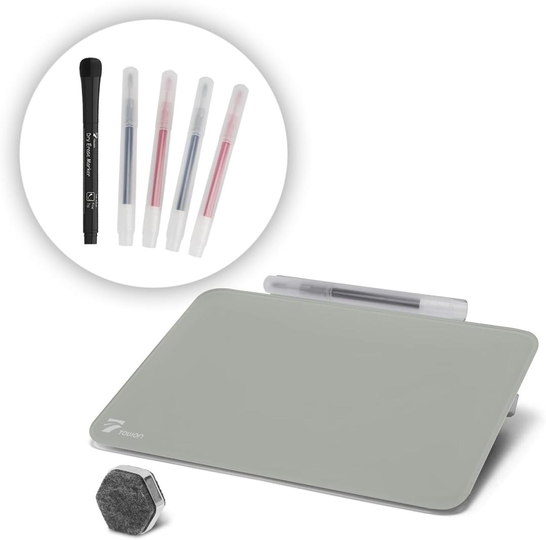 TOWON Small Glass Dry Erase Board, Desk White Board with Standing, Mini Whiteboard Easel Pad Set, Stenography Artifact for Office, Home and School Supplies, 8 x 6 Inches, Gray