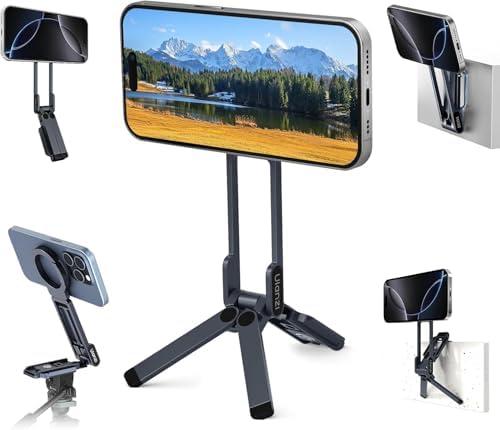 ULANZI Magnetic Phone Tripod for iPhone, MA38 Portable Phone Holder Mini Tripod for Magsafe with Double-Sided Strong Magnetic 1/4'' Arri Locating Hole Foldable Hook for iPhone 17/16/15/14/13/12, Black