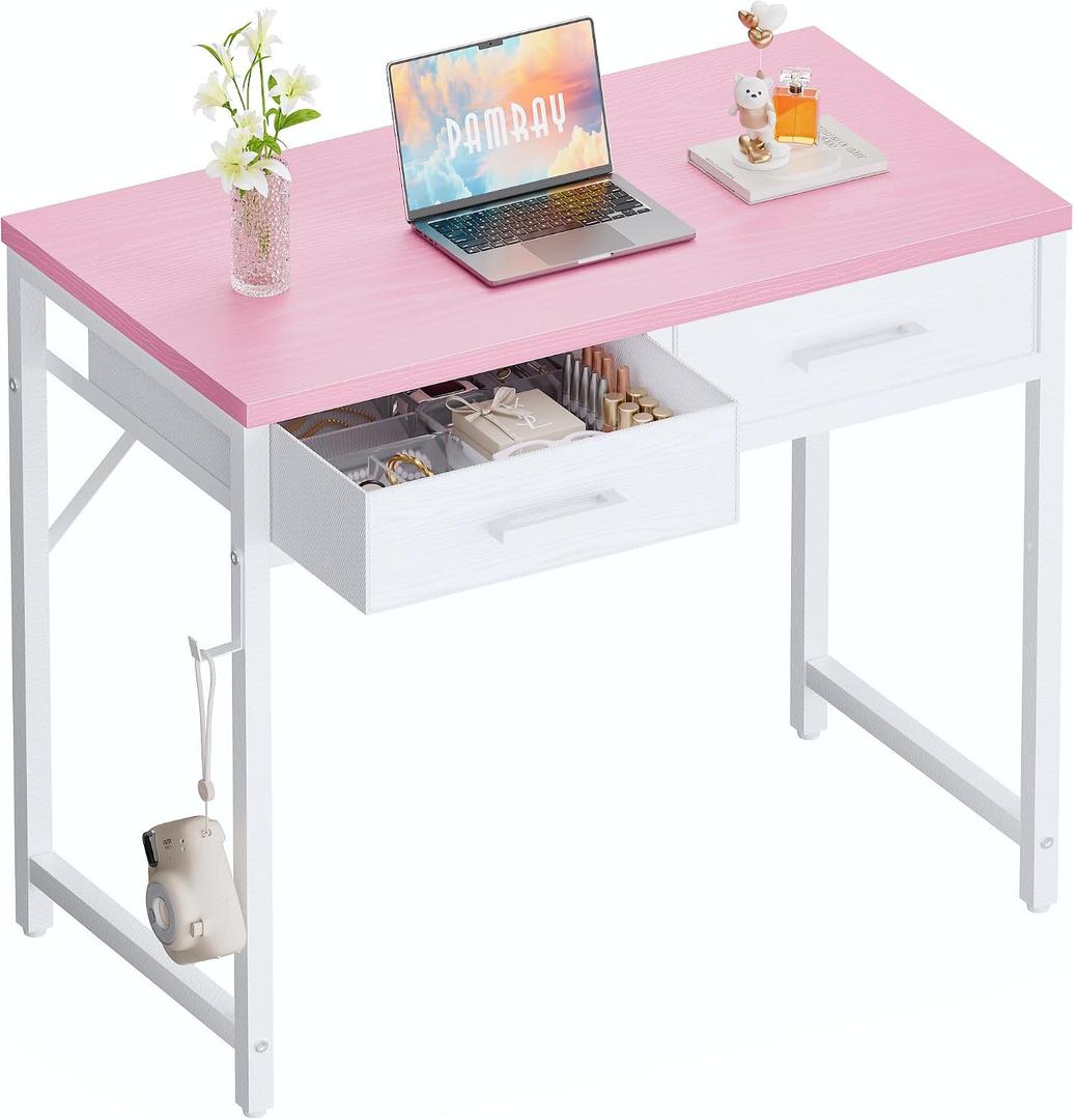 Pamray 32 Inch Small Computer Desk with 2 Drawers for Bedroom Study Writing Home Office Table for Small Spaces Pink