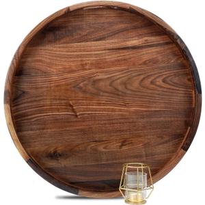 22 Inches Extra Large Round Black Walnut Wood Ottoman Tray with Handles, Serve Tea, Coffee or Breakfast in Bed, Classic Circular Wooden Decorative Serving Tray