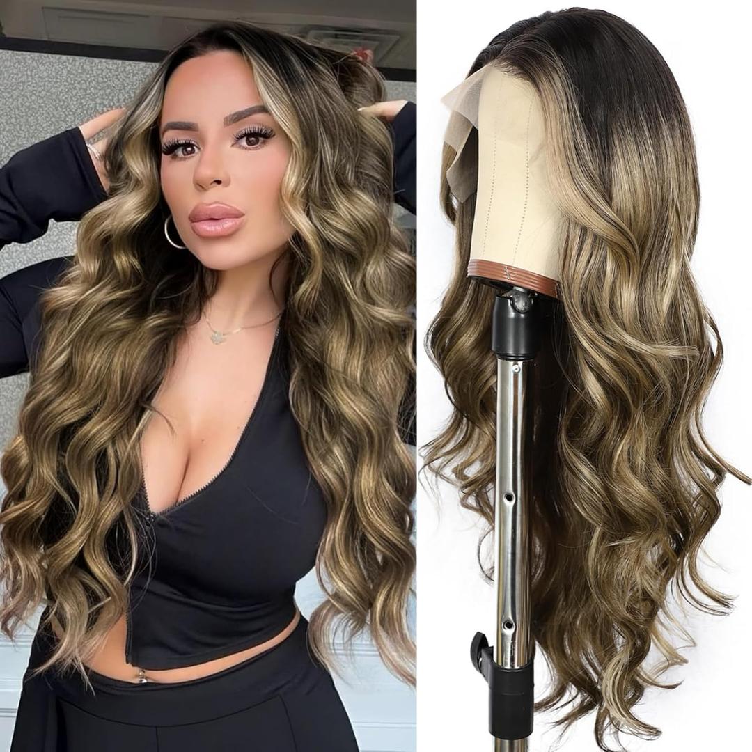 SAPPHIREWIGS 13x4 Highlight Brown Lace Front Wigs for Women Glueless Long Body Wave Wig Synthetic Hair Wig for Party Daily Use 26inch