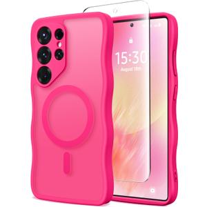 CAPRARO for Samsung Galaxy S25 Ultra Case for Women Girls, Upgraded [Full Camera Protection] [Compatible with MagSafe] Cute Wave Translucent Matte Phone Case for Samsung S25 Ultra, Hot Pink