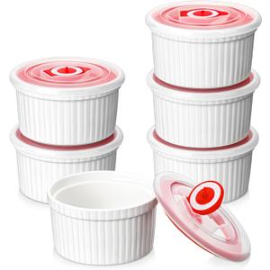 MALACASA Ramekins with Lids 8 oz - Set of 6, White Porcelain Creme Brulee Souffle Ramekins with Covers, Ceramic Custard Cups for Baking, Dishwasher and Oven Safe, Series RAMEKIN-DISH