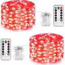JMEXSUSS 2 Pack Red Fairy Lights Battery Operated, Total 200 LED 66ft Red String Lights Battery Powered with Remote, 8 Modes Christmas Lights for Tree Indoor Outdoor Wreath Bedroom Halloween Decor One Missing