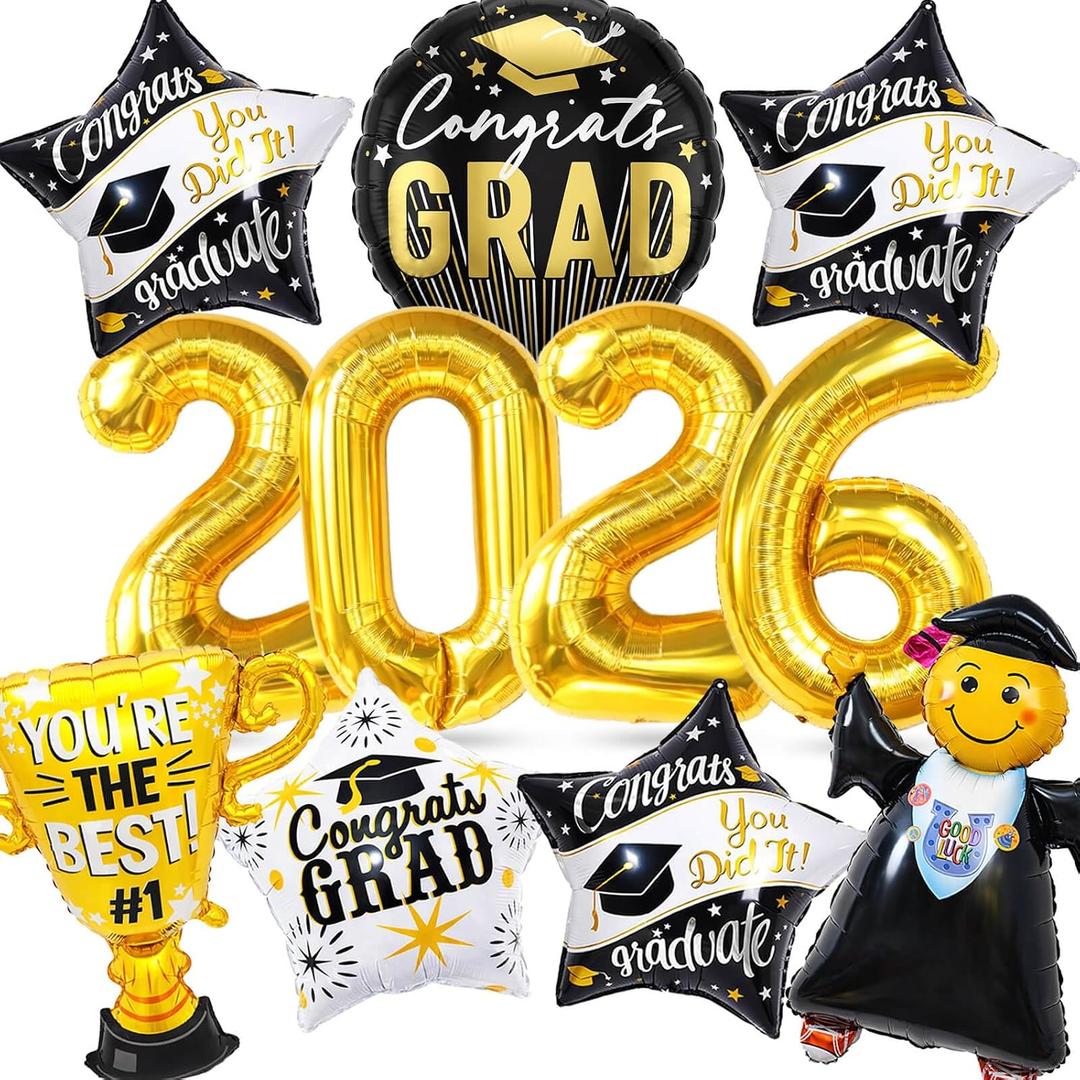 Graduation Party Decorations 2026 Graduation Balloons - 13Pcs Black Gold Graduation Foil Balloons Class of 2026 with Ribbons - Grad Mylar Balloons for Grad Decorations Supplies, College, High School