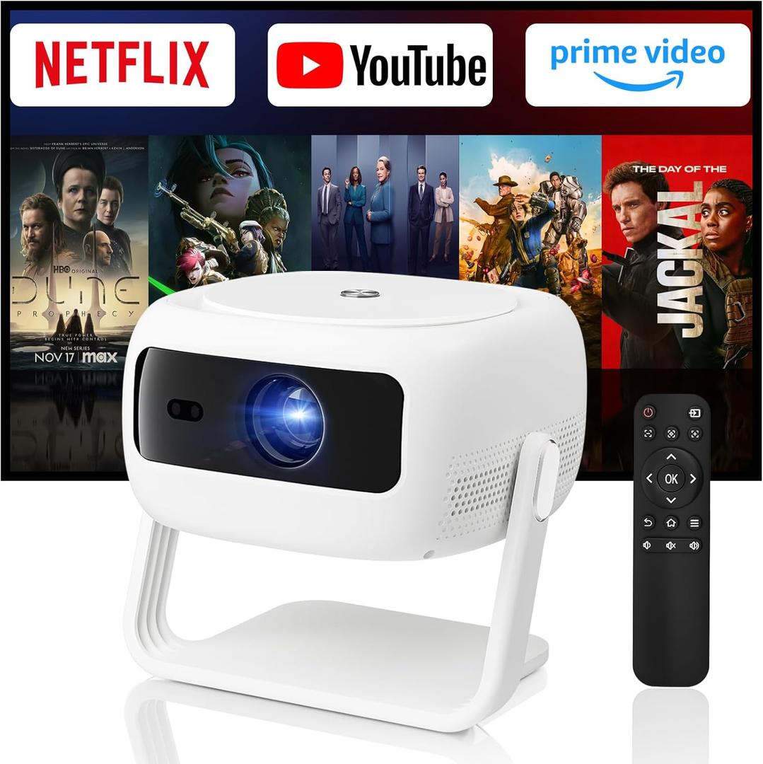 Native 1080P HD Projector with 4K Support, WiFi 6, Bluetooth, Dustproof Design, Motorized Focus, Built-in Speaker, Smart Projector for Indoor/Outdoor Use, Compatible with Android/iOS/Windows/TV Stick