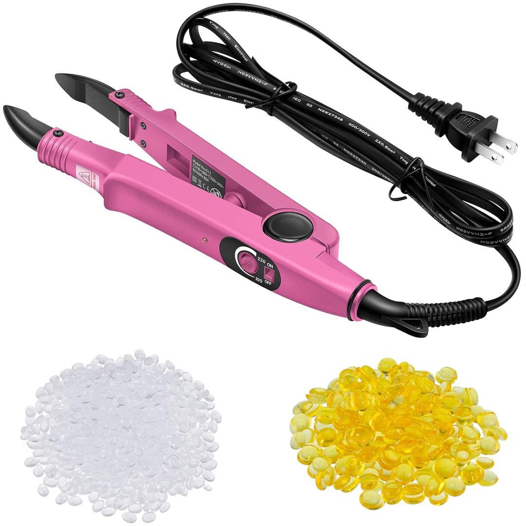 Zhehao Fusion Hair Extensions Tool US Plug Professional Hair Extensions Tools C Head U Tip Iron Connector Wand with 2 Bags Keratin Glue Granule Beads(Pink)