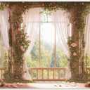 7x5ft Fabric Spring Window Scenery Photography Backdrop Pink Floral Green Forest Background Wedding Bridal Shower Newborn Party Decorations Photo Booth Props