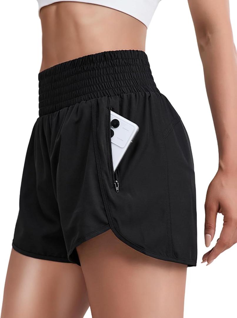 2 x Women's Quick-Dry Running Shorts Athletic High Waisted Shorts for Women with Zipper Pockets Elastic Shorts (Black, S)