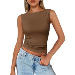 Trendy Queen Women Going Out Summer Tank Tops Spring Casual Basic Cute 2026 Sleeveless Shirt Vacation Fashion Outfit Clothes (Brown, XS)