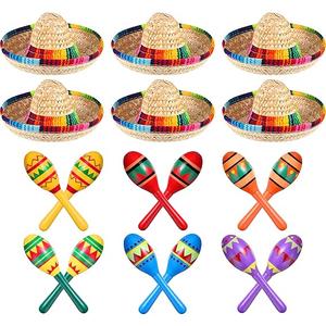 12 Pcs Colorful Wooden Maracas and 6 Pcs Mini Sombrero Hats - Mexican Fiesta Party Favors and Supplies for Carnivals