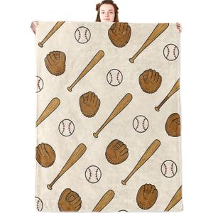jwyta Baseball Flannel Blanket, Cartoon Throw with Glove, Bat and Ball on Beige Background, Lightweight Fleece Blankets for Sport Lover, Couch, Cabin, Bed, Camping Athletic Decor Gifts, 60x50in