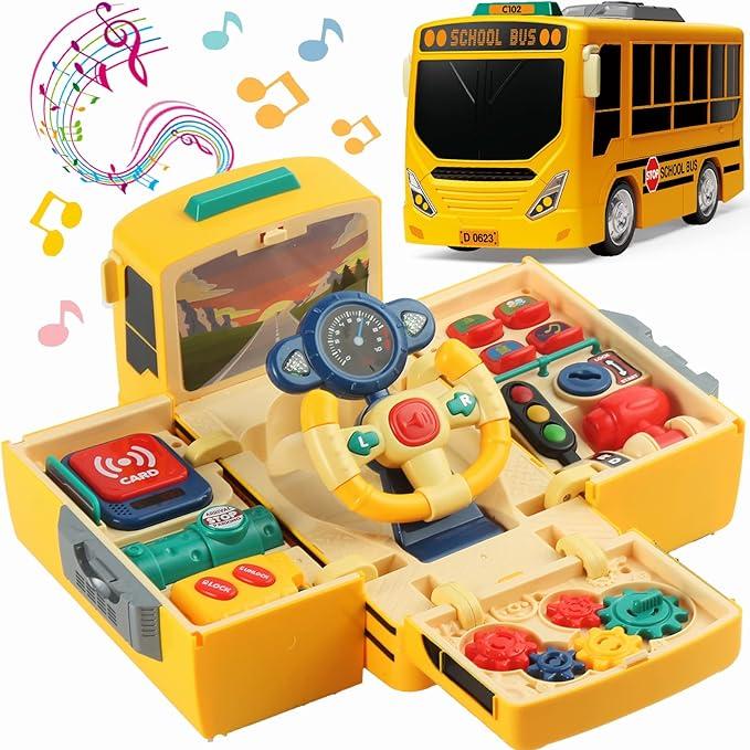 HONGTUO School Bus Toy with Sound and Light Simulation Steering Wheel Driving Toy Toddlers School Bus Toys with Music Education Knowledge Simulate School Scenes Gift for 3-5 Boys & Girls