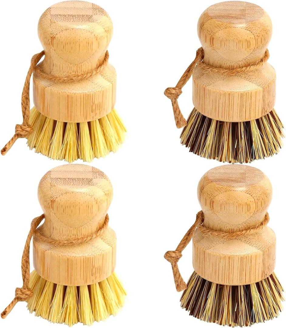 Bamboo Dish Brush Set, 4 Pcs Palm Wooden Dish Scrubber Brush, Dish Brushes, Durable Wood Dishes Scrub Brush, Natural Round Vegetable Cleaning Pots Pans Sink Washing Kitchen Brush by Aisuly (2p Palm+2p Sisal)