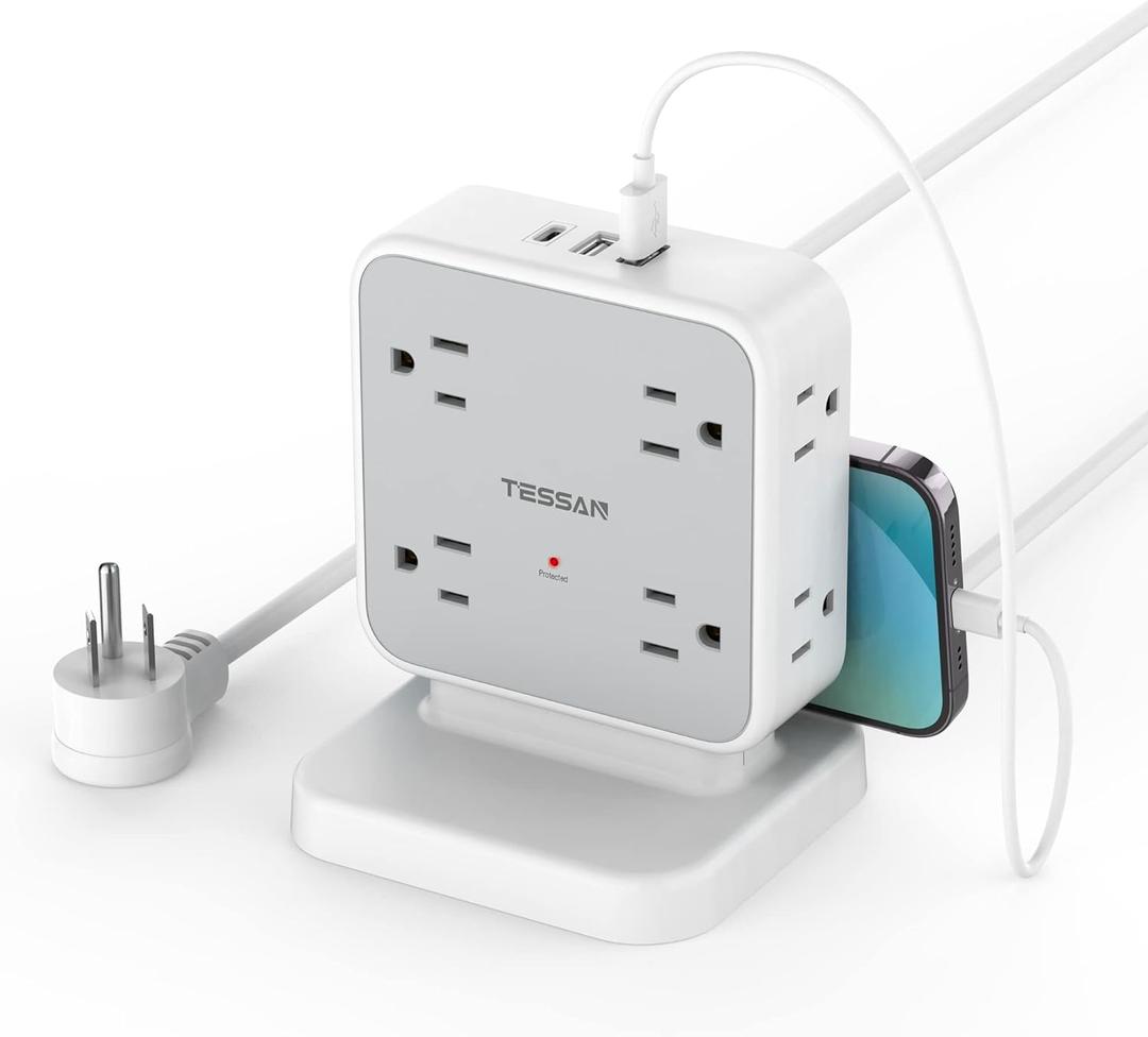 Power Strip Tower Surge Protector, TESSAN 8 AC Outlets with 3 USB (1 USB C Port), 5 FT Flat Plug Extension Cord with 900 Joules Protection, Desk Charging Station for Home Office Supplies, Dorm Room (Grey with Base)