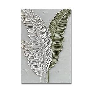 Limiyer Art Hand-painted white and green leaf texture oil painting, modern abstract art. The size is 24x36 inches. It is suitable as a wall decoration for a home office, or as an art piece for display