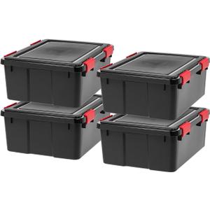 IRIS USA WeatherPro 31 Qt Storage Bins with Lids, 4 Pack, BPA-Free Plastic Gasket Box with Tight Latch and Seal, Stackable Nestable Tote Tub - Black/Red