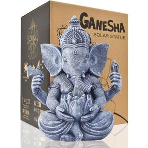Goodeco Ganesha Statue with Solar Lotus - Hindu Elephant Statue Ganpati Idol Buddha Sculptures, Meditation Yoga Room & Garden Decor, 7.8 inches Tall (Ganesha)