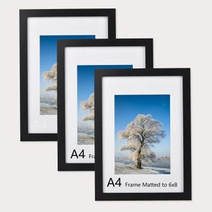 A4 Picture Frame Set of 3 Black Display Photo 6x8 with Mat or 8.3x11.7 Without Mat Wood Collage Wall Decor Gallery Certificate Poster Frames with Plexiglass 3 Pack