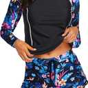 Women's Long Sleeves Rash Guard - 2 Piece Swimsuits with Built in Bra Swim Shirt and Shorts with Pockets (Large, Blue Floral)