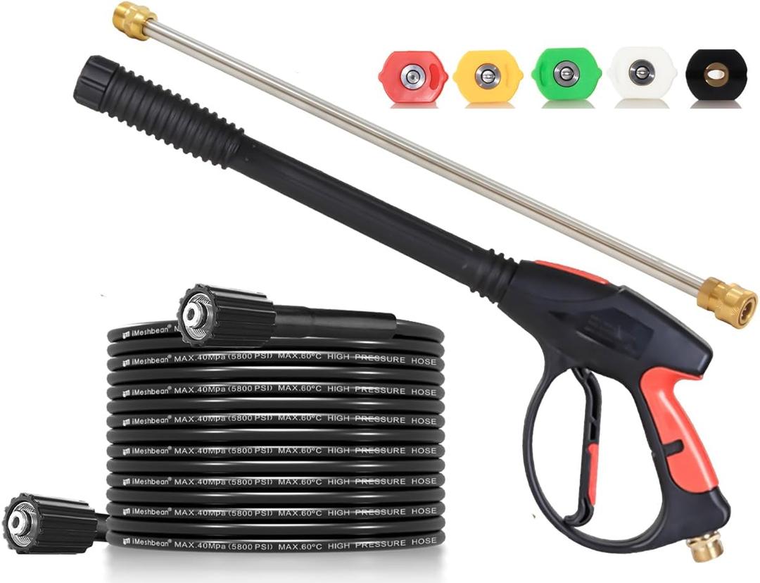 Brass Power Washer Gun and Hose Kit, Pressure Washer Gun with Replacement Wand Extension, 25 FT Power Washer Hose, 5 Nozzle Tips, M22 Fitting, 40 Inch Adjustable Length, 4000 PSI
