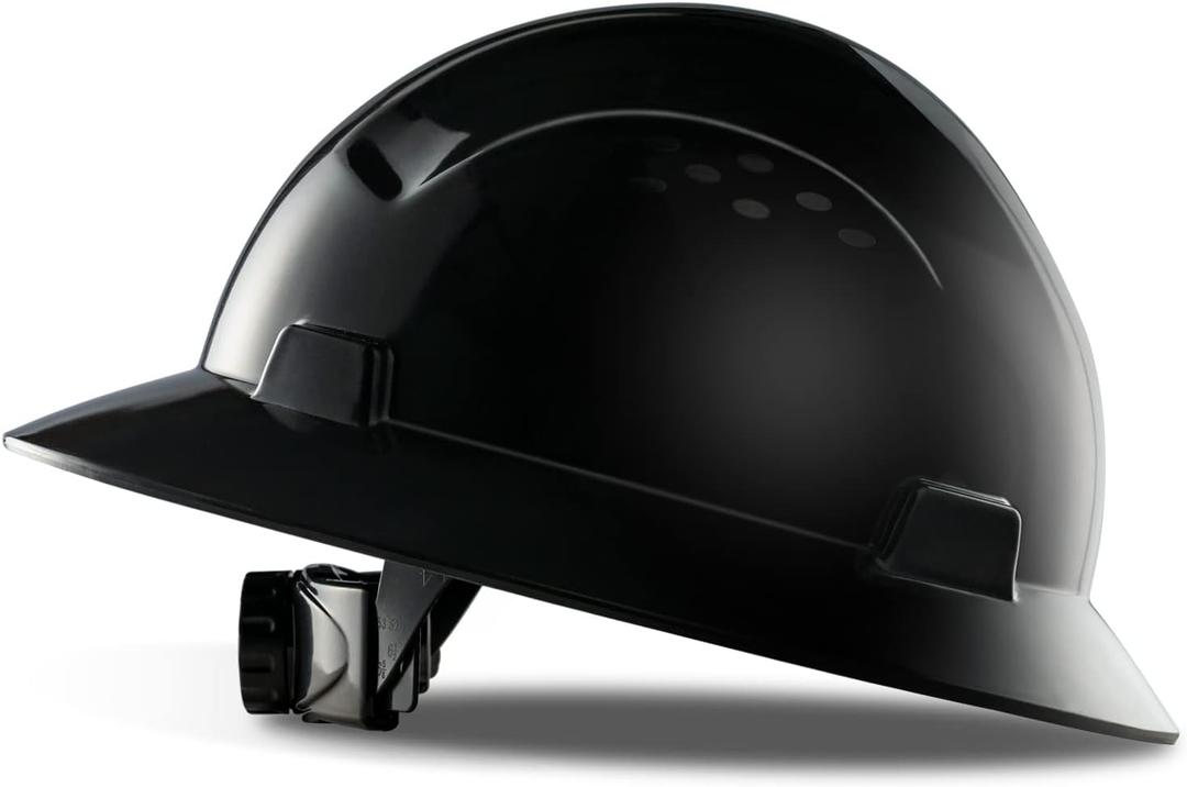 LANON Black Full Brim Hard Hat, OSHA Construction Work Approved, HDPE Safety Helmet with 4 Point Adjustable Ratchet Suspension, Class E, G & C