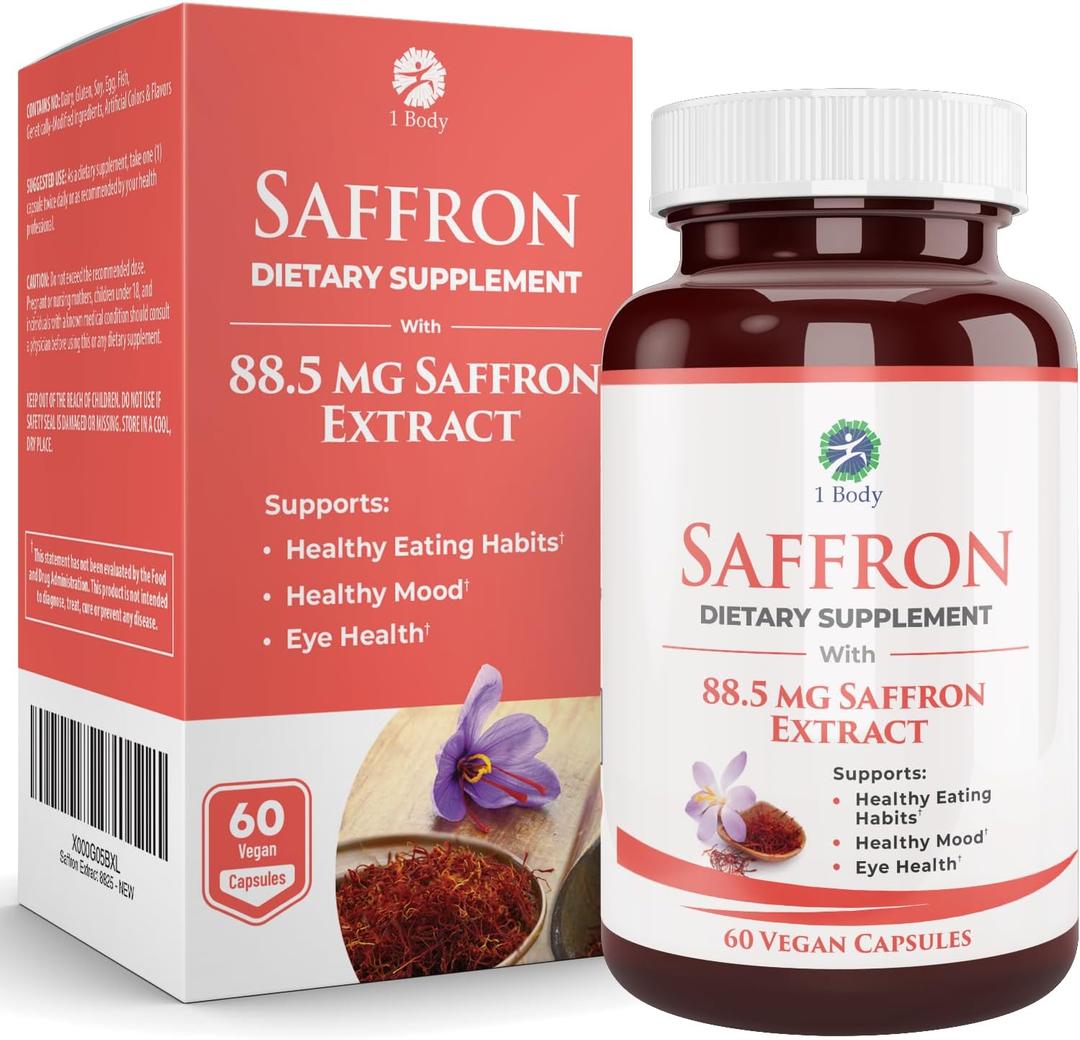 1 Body Saffron Extract Supplement, 88.5 mg Safranal, Antioxidant and Mood Support, Vegetarian Capsules (EXP 08/01/27)