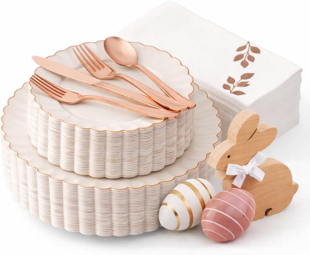 By Madee HEAVYWEIGHT 175Pc Easter Plates and Napkins Set | Fancy Disposable Dinnerware Set Ivory and Scalloped Disposable Plates with Rose God Trim, Cutlery & Linen-Feel Napkins (25 Guests)