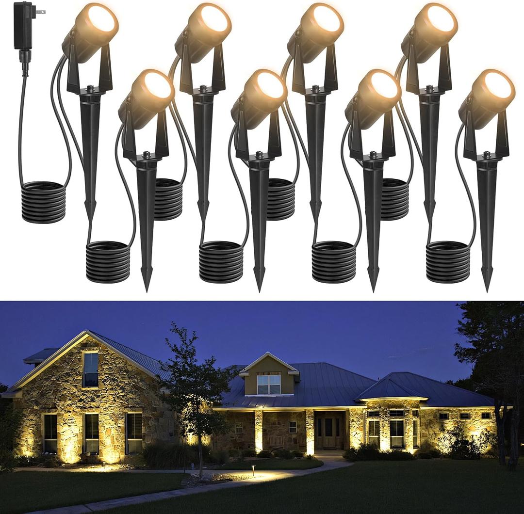 85.3FT LED Outdoor Landscape Spot Light Low Voltage, 24W Wired Uplight with Transformer, IP65 Waterproof Outside Plug-in lighting for Garden House Yard Tree Pathway, Warm White 3000K, Pack of 8