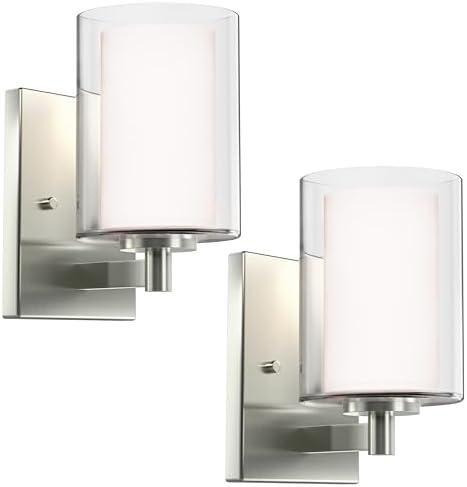 Wall Sconces Set of 2 Modern Vanity Lights with Double Clear Glass Shade Matte Black Indoor Farmhouse Wall Light for Bathroom Living Room Bedroom Hallway Bulb E26 Base (Silver, 2PCS)