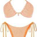 ZAFUL Women's Triangle Bikini Multiway Fishnet Tie Side Bandeau Halter String Bikini Set Two Piece Swimsuit Bathing Suits (M, Orange)