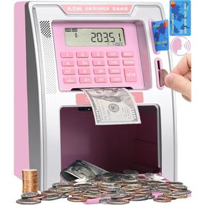 Fishboy Talking Pink ATM Piggy Bank for Kids with Dual Debit Cards, Power-Off Memory, Auto-Opening Drawer for Real Money for Girls, Onekey Shutdown, Bill Feeder, Coin Recognition, Balance Calculator