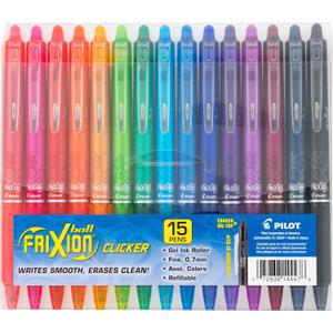 Pilot FriXion Clicker Erasable, Refillable & Retractable Gel Ink Pens Fine Point 0.7mm, Erasable Pens, Assorted Color Inks, 15-Pack Pouch