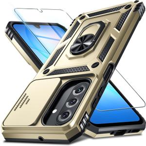 Janmitta Compatible with Samsung Galaxy A17 5G Case Built in Slide Camera Lens Cover+Screen Protector+Finger Ring Holder Kickstand,Heavy Duty Shockproof Full Body Phone Cover,Gold
