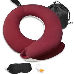 BUYUE Travel Neck Pillows for Airplanes, Memory Foam 360° Head Support Sleep for Long Flight, Skin-Friendly & Breathable, Kit with Eye Mask, Earplugs and Storage Bag (Adult, Red, 90+ lbs)