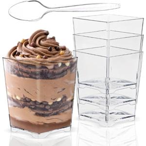 50 Pack 4 oz Square Plastic Dessert Cups with Spoons,Clear Plastic Parfait Appetizer Cup Parfait Cups for Desserts,Appetizers,Ice Cream