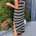 PRETTYGARDEN Summer Dresses for Women 2026 Casual Sleeveless Hollow Out Knit Side Slit Striped Beach Vacation Midi Dress (Black,XXX-Large)