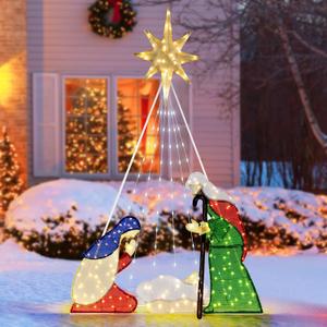 Tangkula 6 FT Christmas Lighted Nativity Scene Set, Pre-Lit Xmas Scene with 240 LED Lights, Ground Stakes, Zip Ties & 6 Lightening Modes, Xmas Holy Family Set for Yard Lawn Garden