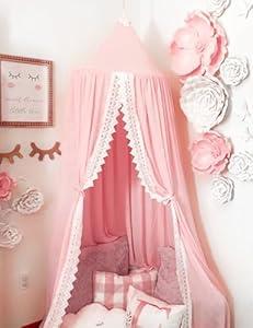 Princess Bed Canopy Mosquito Net for Kids Baby Crib, Round Dome Kids Indoor Outdoor Castle Play Tent Hanging House Decoration Reading Nook Cotton Canvas, Pink