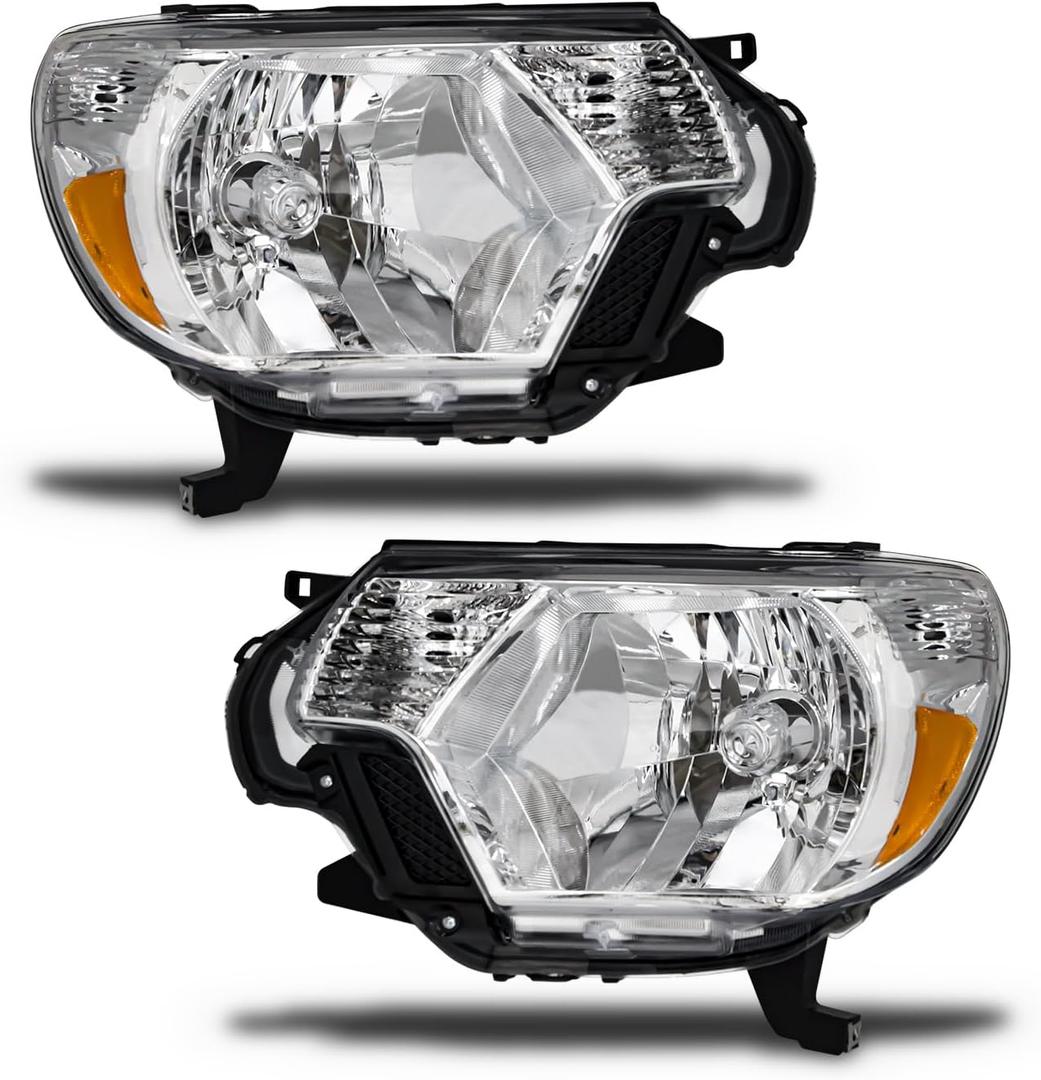 for Toyota Tacoma 2012 2013 2014 2015 Headlight Assembly 2012-2015 Tacoma Halogen Headlamp Chrome Housing Amber Reflector Driver Side and Passenger Side(Bulb Not Included)W/O Bulbs