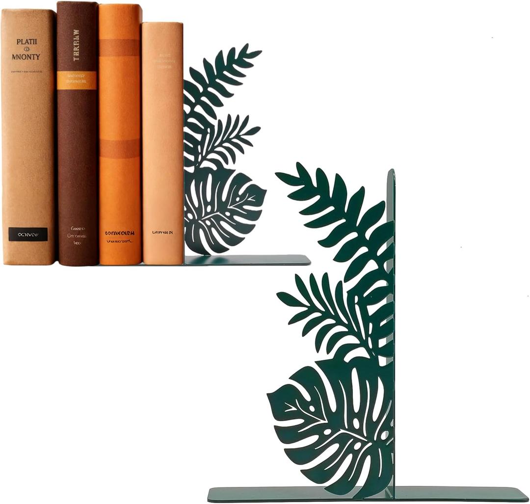 Green Leaf Metal Bookends, Cute Unique Botanical Plant Decorative Book Ends for Bookshelf Office Living Room Reading Room Kitchen Guest Room, Nature Tropical Jungle Hawaii Home Decor