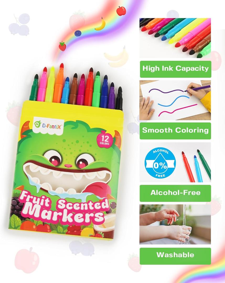 D-FantiX Fruit Scented Washable Markers for Kids Toddlers, 12 Count Coloring Markers, Bulk Art Supplies, Back to School Supplies, Gifts for Party Favors, Classroom Prizes, Donations