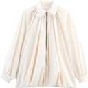 Kissonic Women's Puffed Bomber Jacket Lapel Collar Batwing Sleeve Zip Front Oversized Pleated Shirts Streetwear (Beige-L)