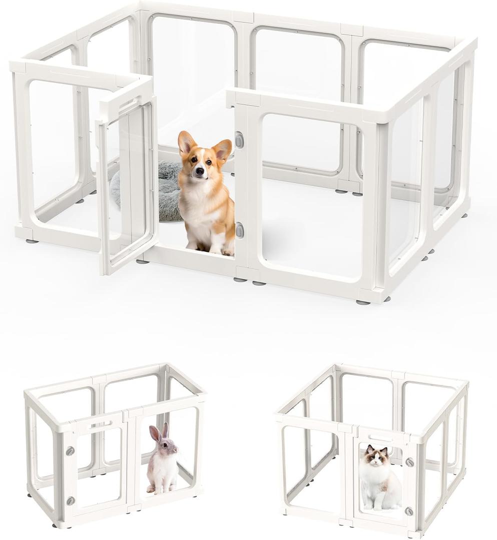 Dog Playpen, Clear Acrylic Plastic Puppy Playpen Indoor, Pet Pen for Puppy Cat Bunny, Transparent Easy Assemble Foldable Whelping Box for Dogs, Puppy Playpen with Gate (23.6" Height, 10PCS) (White)