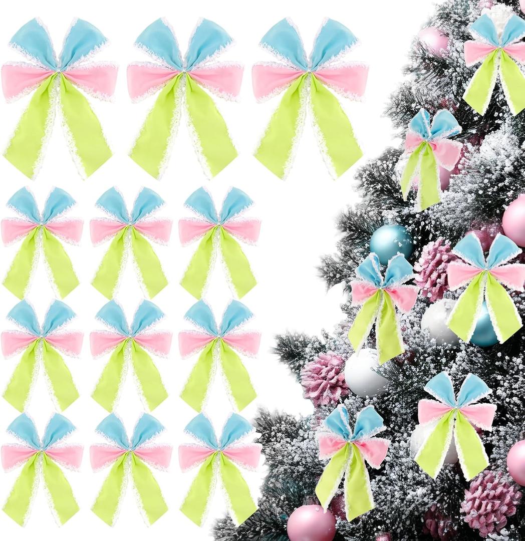 12 Pcs Pastel Bow Ornaments 6" * 7" Macaron Color Christmas Tree Bow Decoration with Lace Candy Christmas Hanging Ornament Ribbon Wreath Bows for Garland DIY Craft Wrapping Decorative