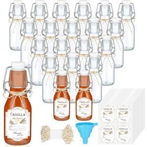 Queekay 20 Pack Mini Swing Top Glass Bottles for Vanilla Extract Homemade Olive Oil Bottles with Lids Airtight Cap Lids Labels for Wedding Baby Shower Favors (Clear,4oz) (118ml)