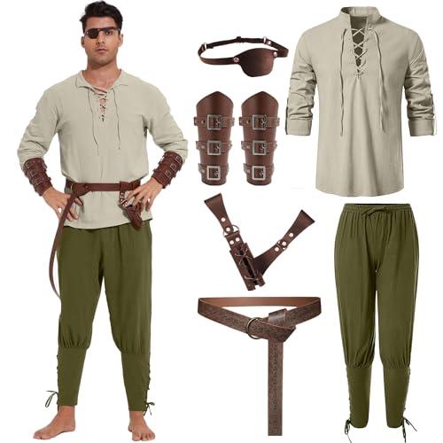 WISHU 7 Pcs Mens Pirate Costume Set Adult Halloween Medieval Renaissance Viking Shirt Banded Pants Outfit Belt Accessories Cosplay(M,khaki+army green)