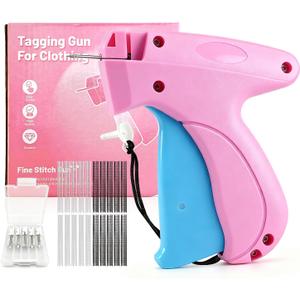 Handheld Stitch Tag Gun for Clothes, Quick Clothing Fixer, Tagging, Sewing Kit Includes 6 Needle, 1000 Black Fasteners & 1000 White Fasteners, Pink Blue