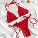 MIYOUJ Women Halter String Bikini Set Sexy Thong Cheeky Two Piece Swimsuits Solid Color Bathing Swimwear (Red, S)