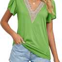 Cap Sleeve Summer Tops for Women Trendy Floral Print Casual V Neck T Shirts Petal Sleeve Blouses (Green, M)